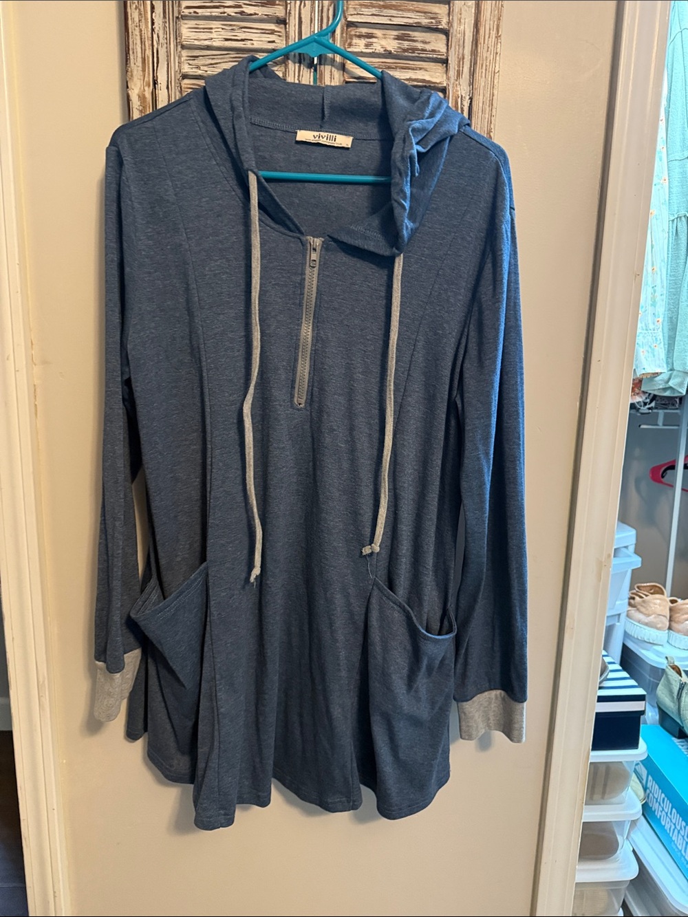 Amazon Women's Blue Hooded Half-Zip Tunic Sweater